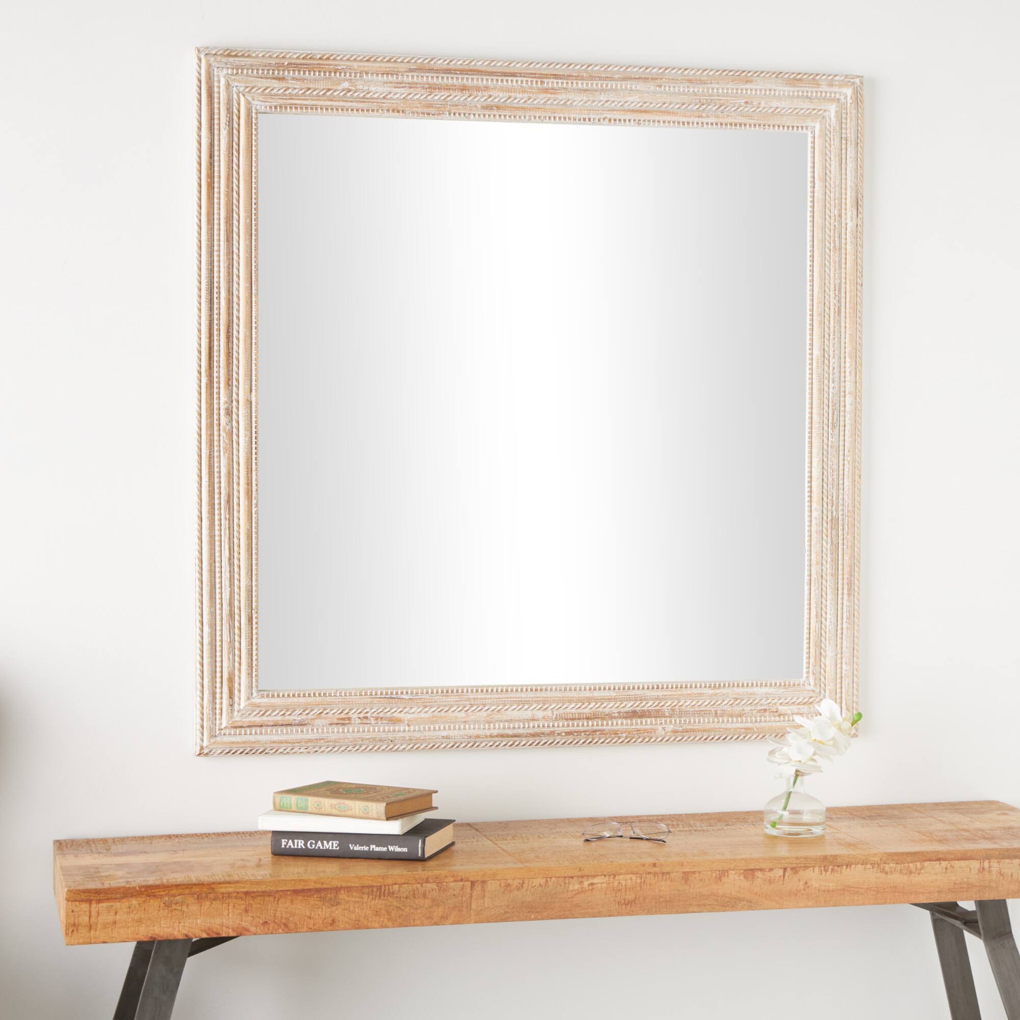 44" x 44" Handmade Cream Mango Wood Wall Mirror with Ribbed Edge Frame